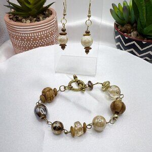 Reimagined Tan Iridescent Glass Bead Bracelet Earring Set